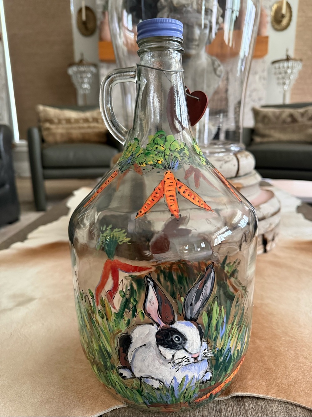 Hand-Painted Rabbit Carafe Blue Cap, Multicolor Artwork Juice Caddy Bottle Vase